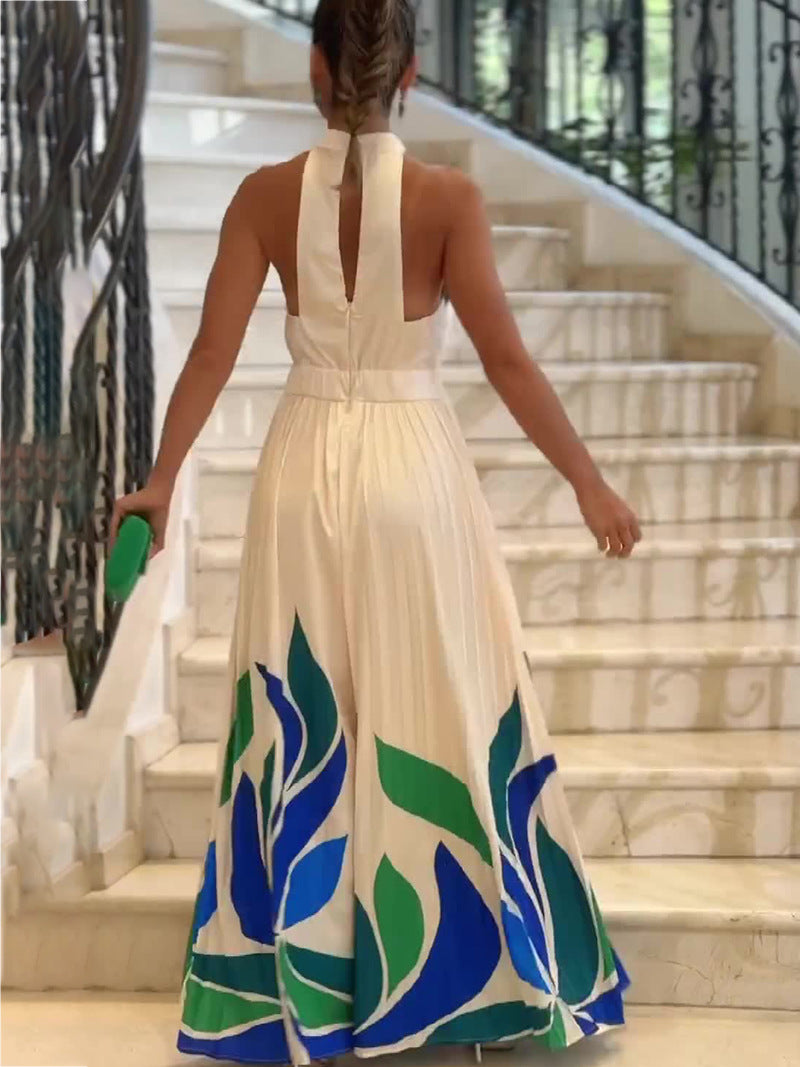 Women’s white summer printed flared shorts jumpsuit with blue and green leaf print