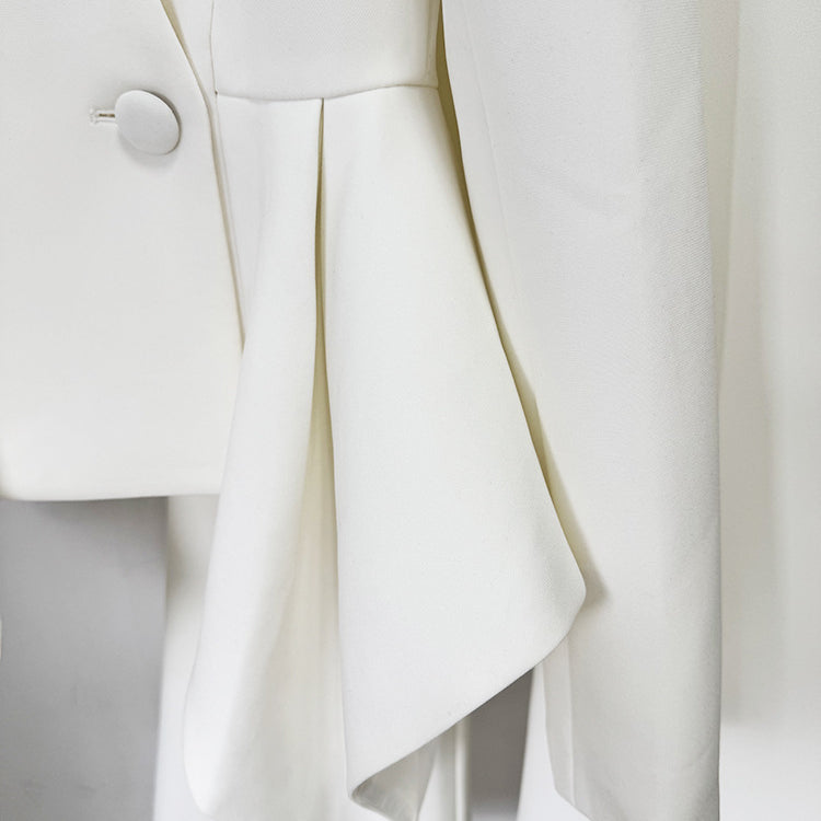 White asymmetrical pleated Langry fashion skirt with silver buttons