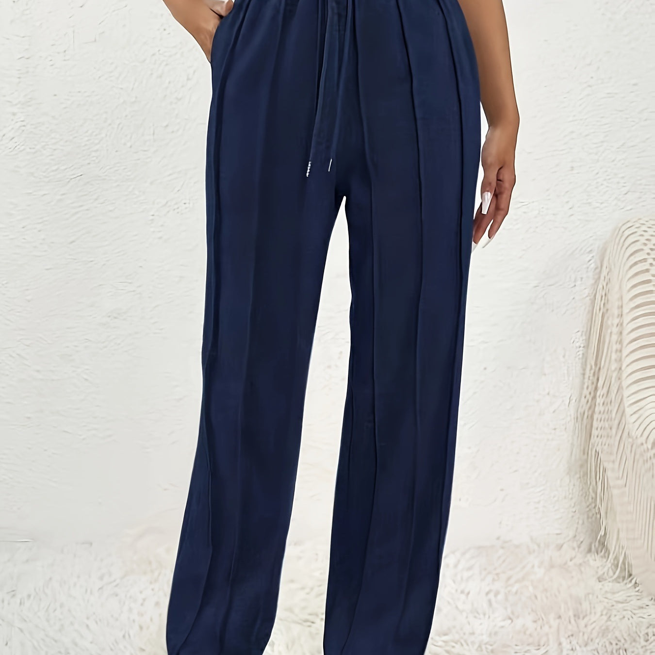 Navy blue high waist wide leg sweatpants with side pockets for casual fashion