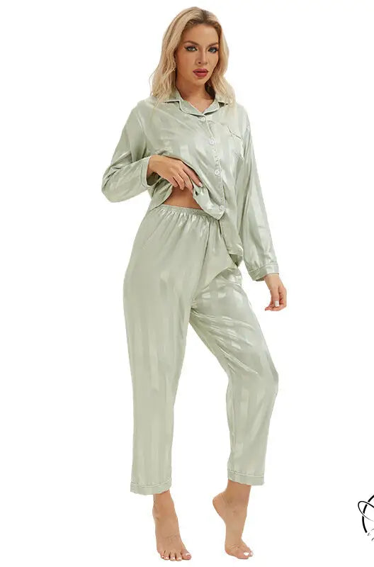 Sleek mint green langry fashion pajamas with bold stripes shirt and trousers
