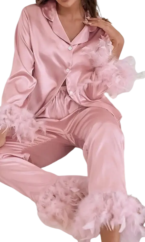 Elegant pajamas suit in pink satin ice silk with fluffy feather trim
