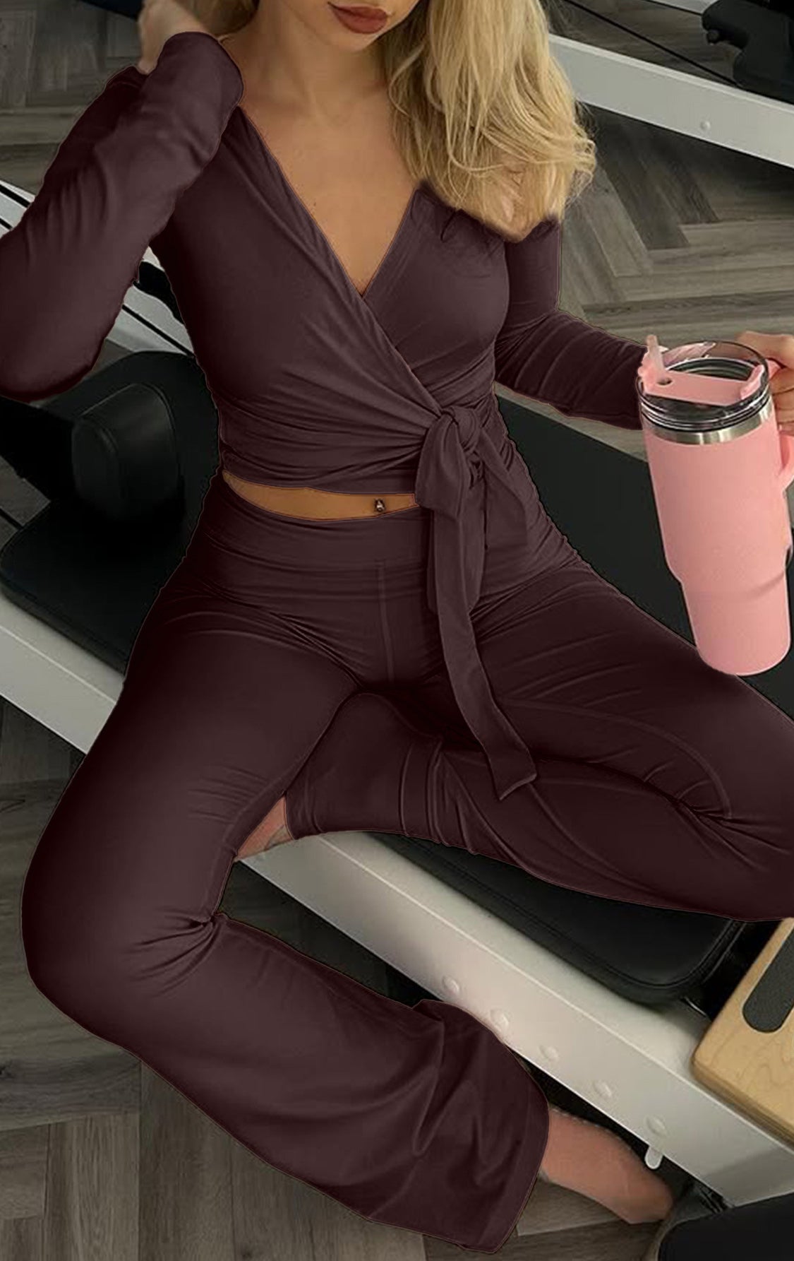 Maroon langry fashion workout set with long-sleeved top and flared pants