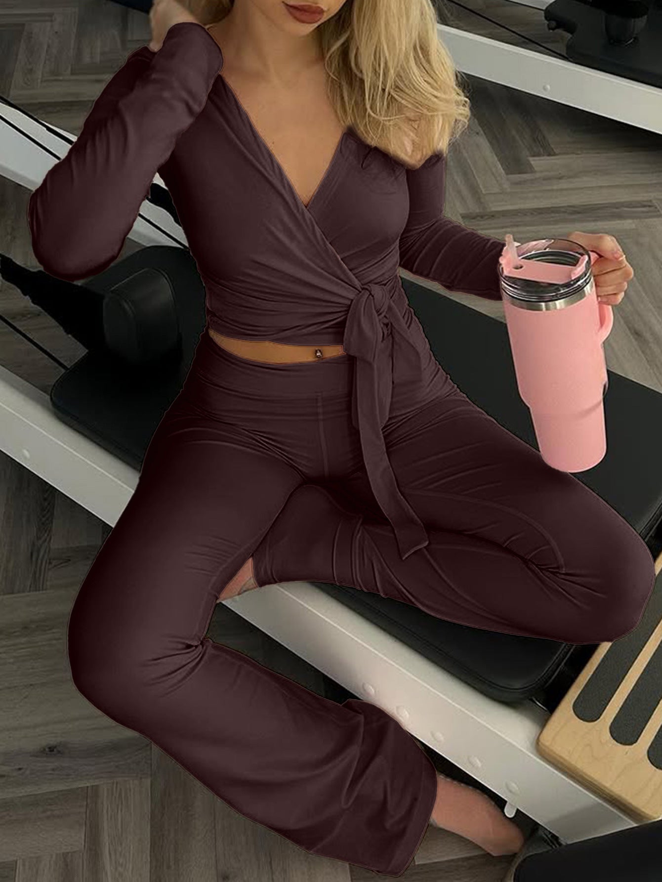 Maroon langry fashion workout set with long-sleeved top and flared pants