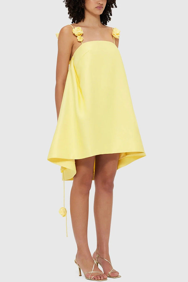 Yellow high-low dress with floral straps ideal for casual vacation fashion ملابس