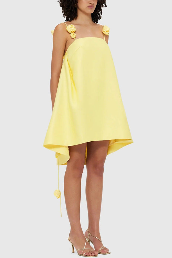 Yellow high-low dress with floral straps ideal for casual vacation fashion ملابس
