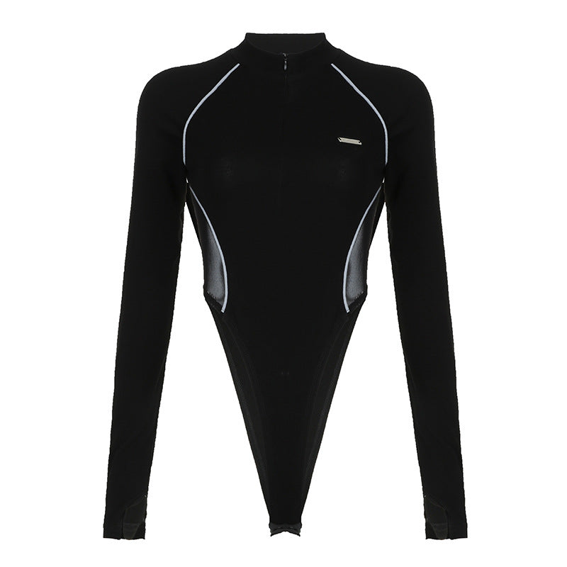 Mechanical Design Budding Strip Mesh Hollow out Cutout Stitching Waist Leakage Jumpsuit Long Sleeved Top