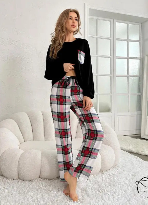 Women’s winter long sleeve black top with plaid pocket and matching pajama pants