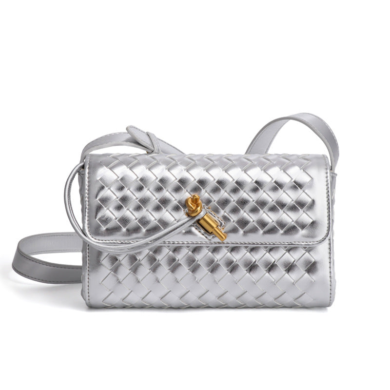 Elegant Woven Shoulder Bag in silver woven leather for stylish fashion enthusiasts