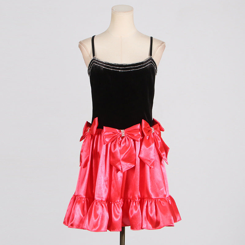 Light Luxury Short Dress featuring black velvet bodice and pink ruffled skirt in fashion