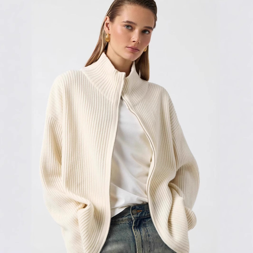 Cozy cream ribbed knit cardigan with oversized regular sleeves and high collar