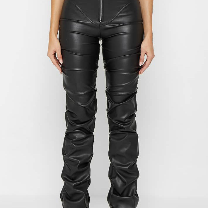 Black faux leather ruched pants from the Tight Faux Leather Four Seasons collection, stylish and langry fashion piece