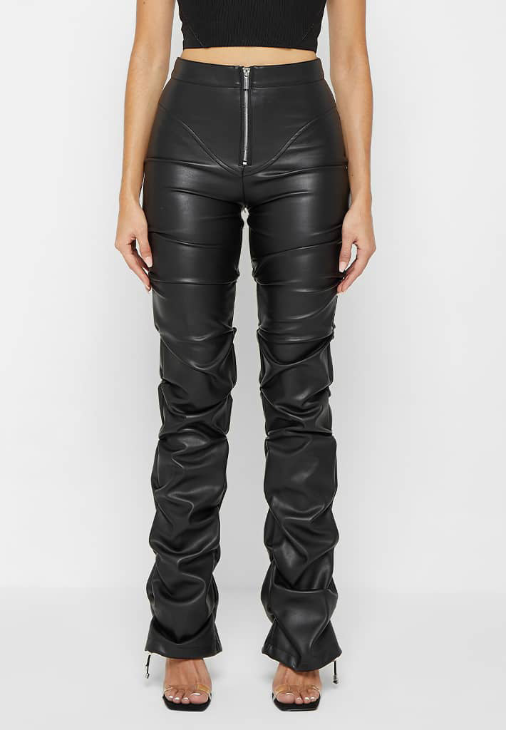 Black faux leather ruched pants from the Tight Faux Leather Four Seasons collection, stylish and langry fashion piece