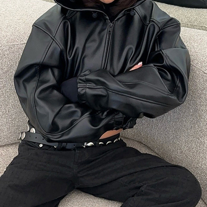 Black faux leather hooded jacket from the Loose Zipper Leather Jacket collection