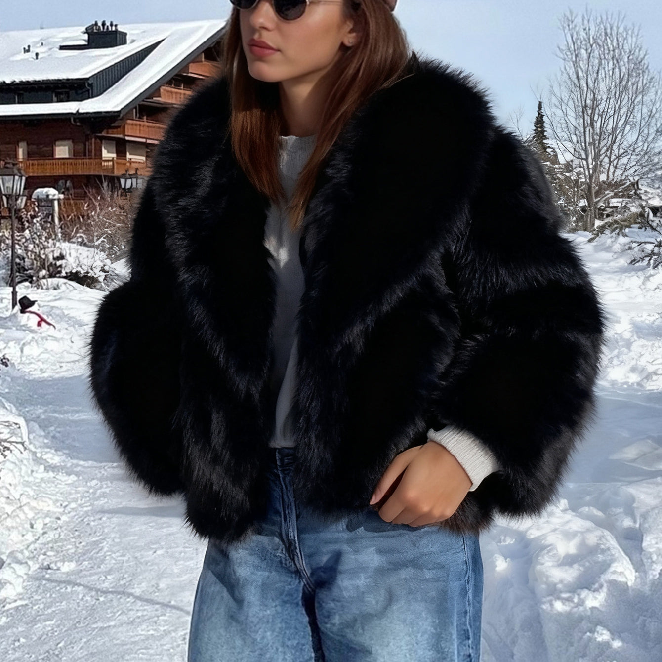 Langry faux fur effect plush coat with black fur and fox collar