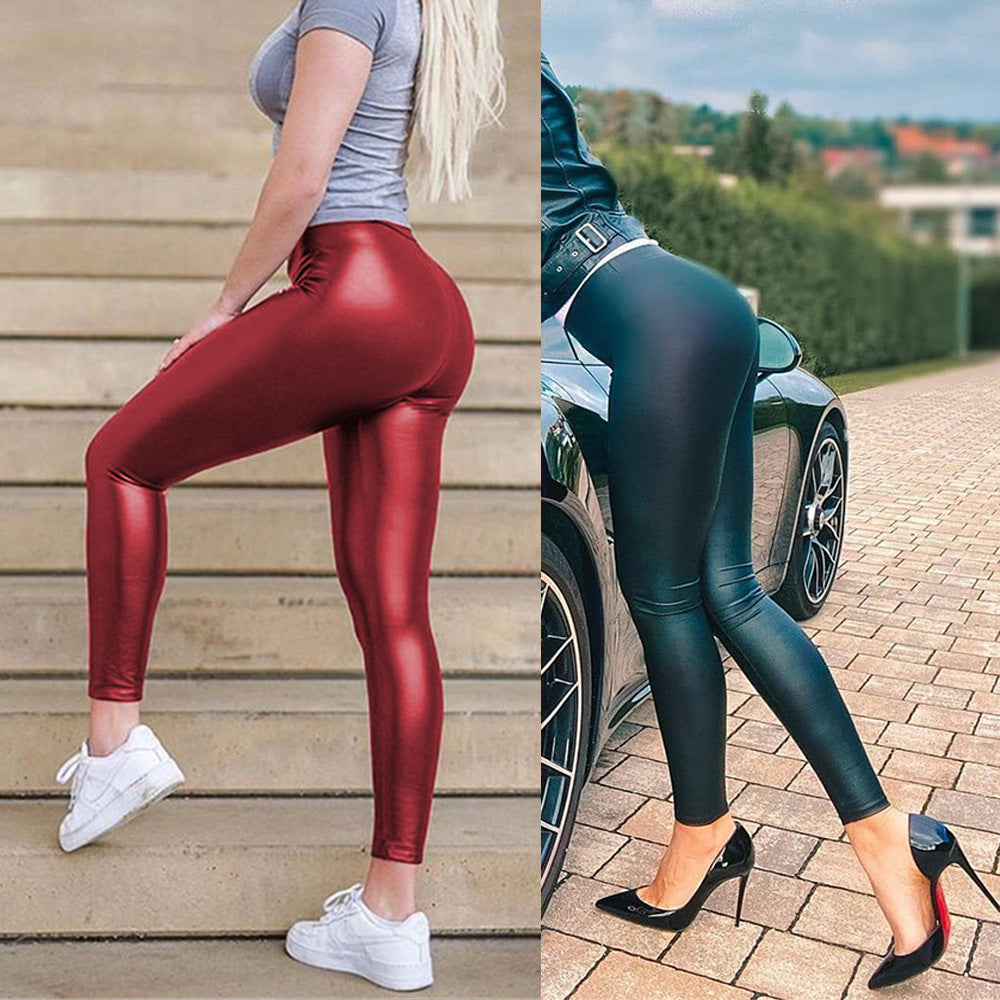 Shiny faux leather leggings showcasing sleek leather leggings style for a fashionable look