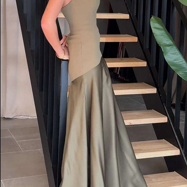 Elegant Olive Green One-Shoulder Gown from Beautiful Satin Dress for trendy fashion ملابس