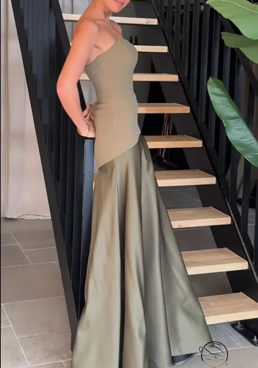 Olive green one-shoulder satin dress in Langry fashion