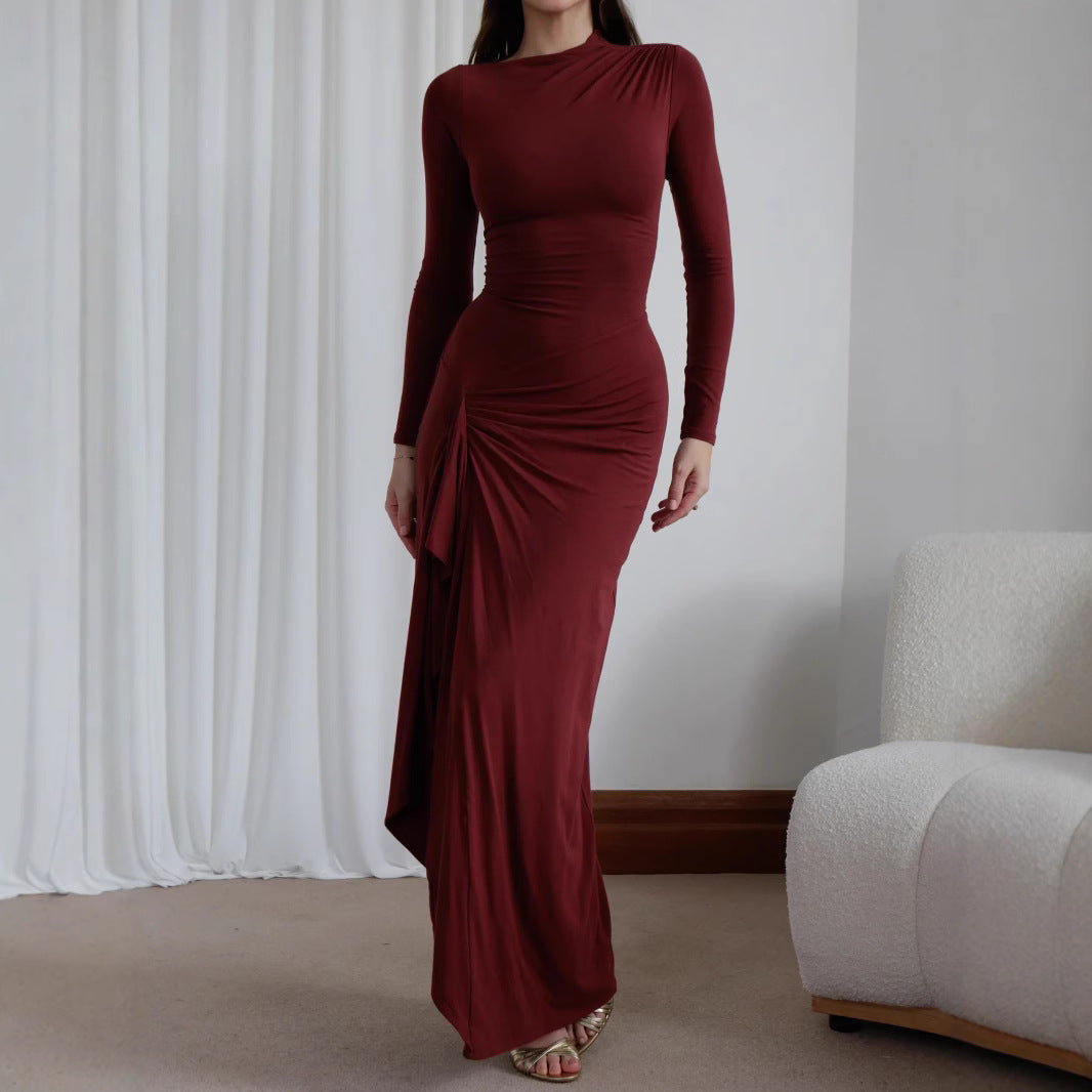 Burgundy long-sleeved maxi dress from Casual Lace Up Stretch Dress collection showcasing elegant fashion and ملابس for women
