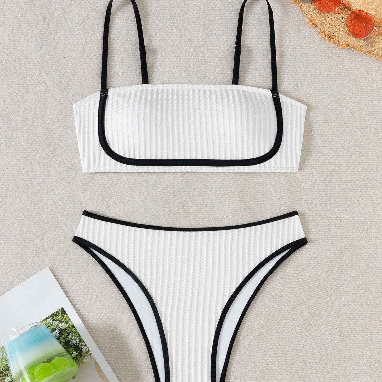 White ribbed bikini with black trim, stylish bandeau top and high-cut bottoms, langry fashion