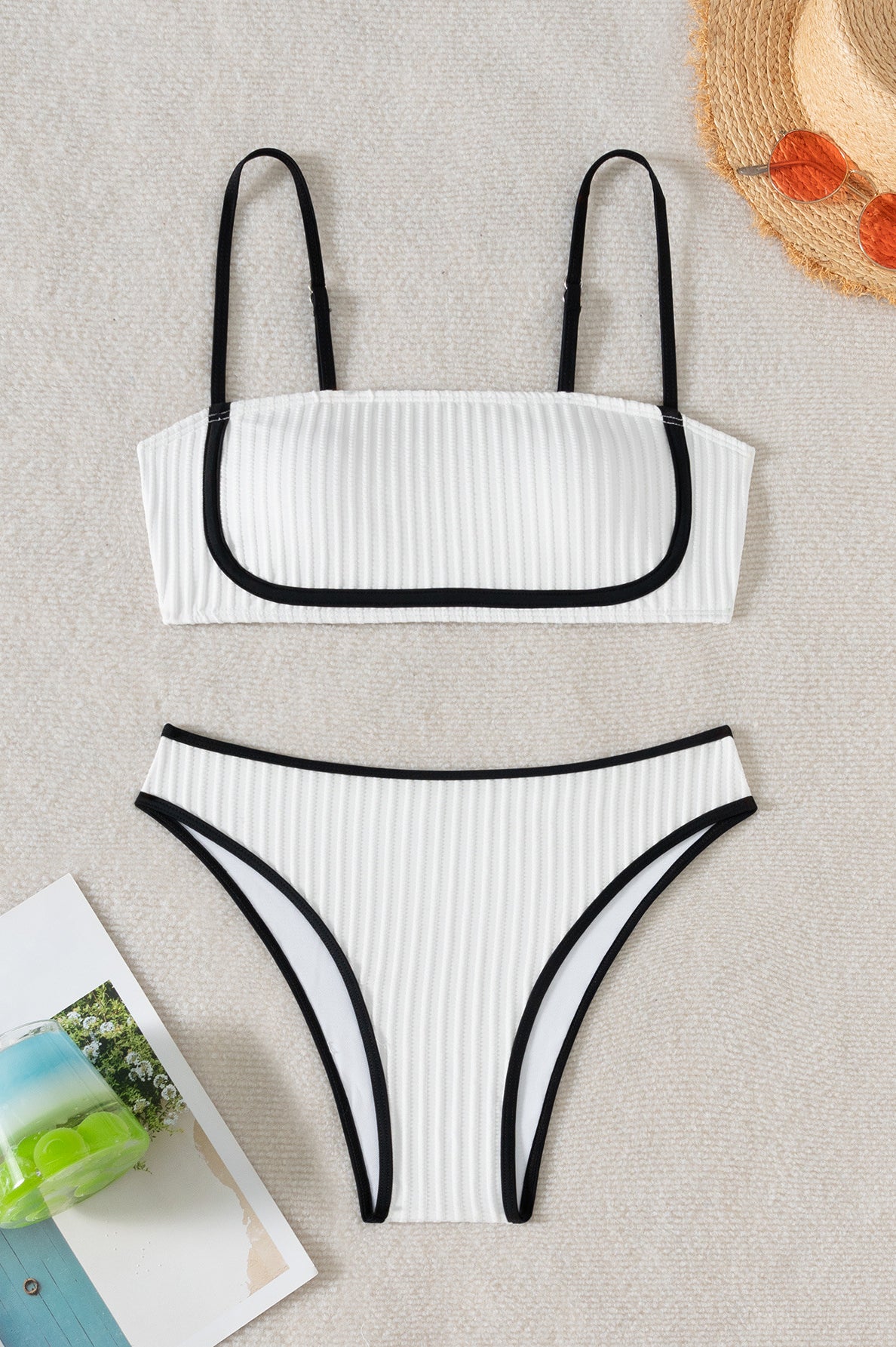 White ribbed bikini with black trim, stylish bandeau top and high-cut bottoms, langry fashion