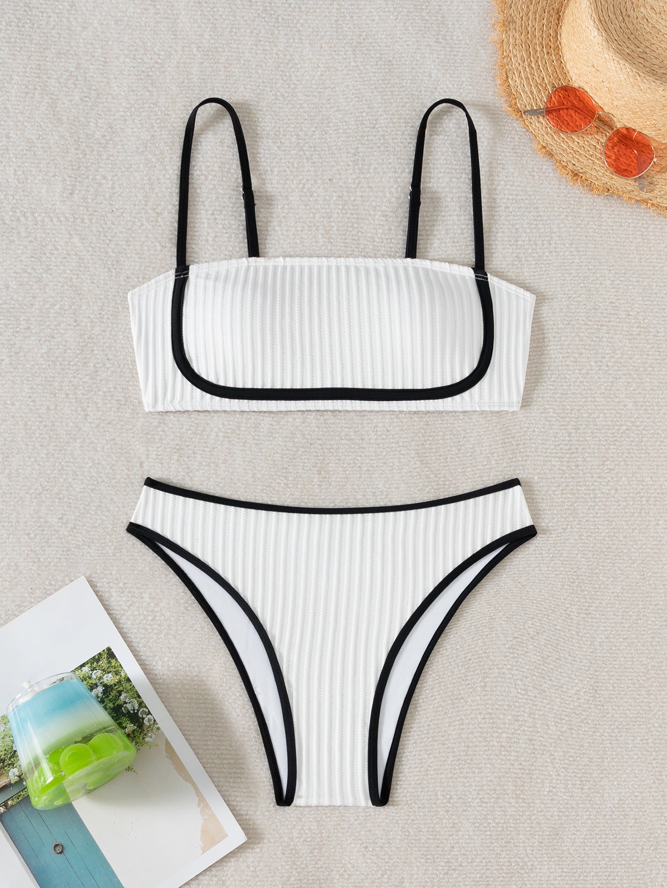 White ribbed bikini with black trim, stylish bandeau top and high-cut bottoms, langry fashion