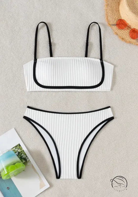 Beautiful black white ribbed bikini with bandeau top