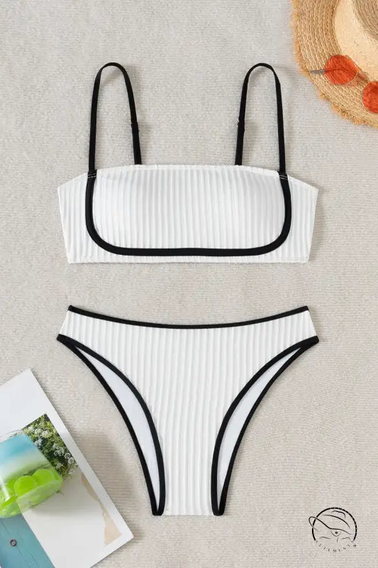 Beautiful black white ribbed bikini with bandeau top