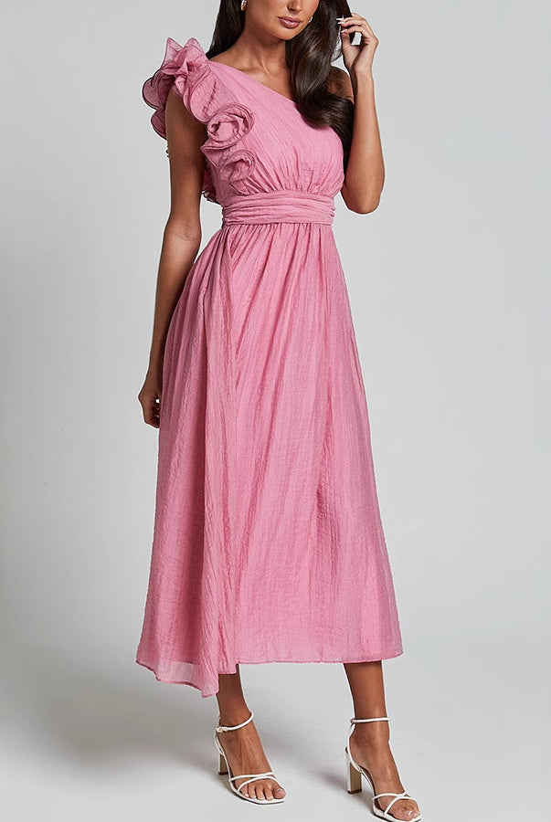 Pink ruffled midi dress with flutter sleeves and gathered waist for stylish fashion ملابس