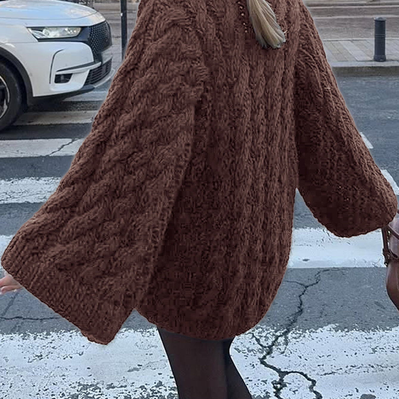 Brown fluffy cable knit long sleeve wool coat with pearl embellishments