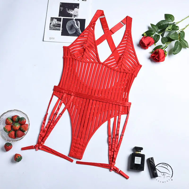 Hollow out Cutout Striped Cross Strap one Piece Lingerie Suit
