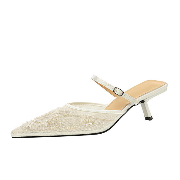 Langry fashion cream kitten heel mule with floral embroidery and white buckle