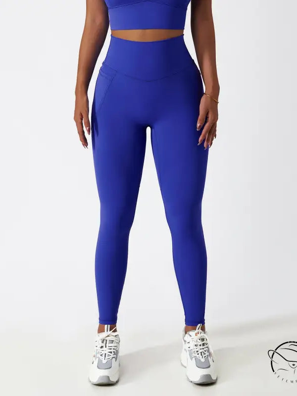 Royal blue high-waisted yoga pants with white sneakers, Langry fashion