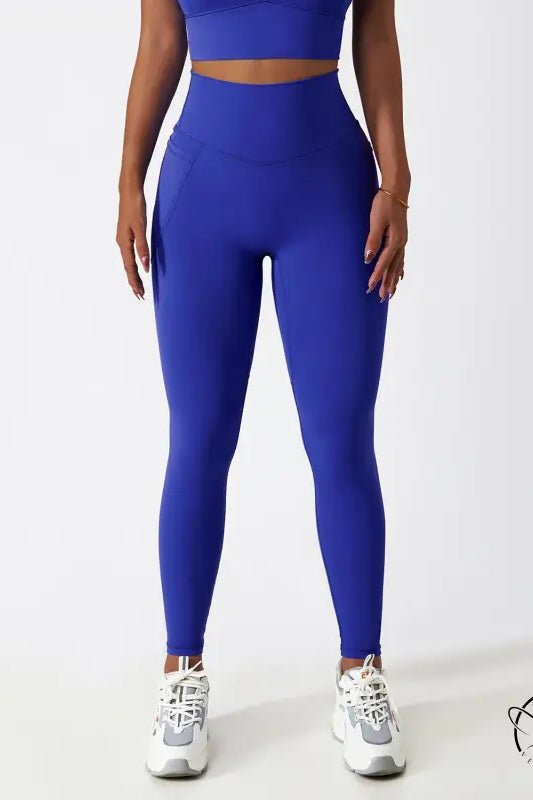 Royal blue high-waisted yoga pants with white sneakers, Langry fashion