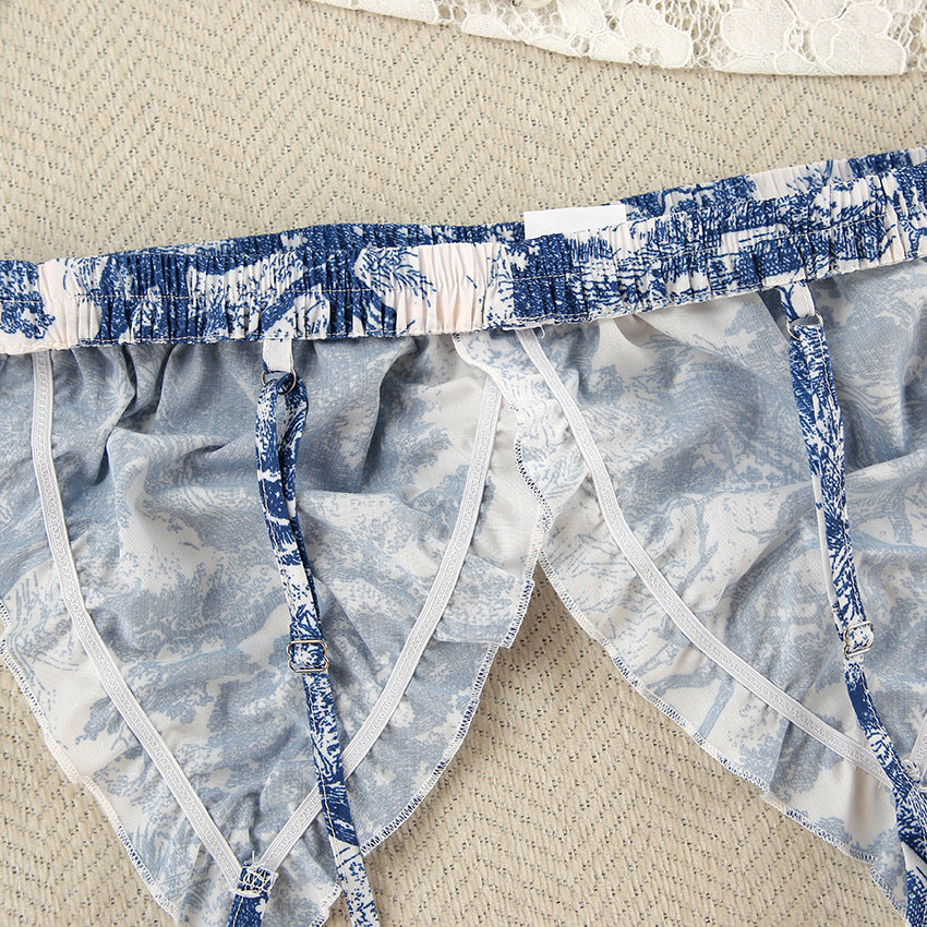 Blue and white toile print garter belt with adjustable straps for stylish home wear and fashion