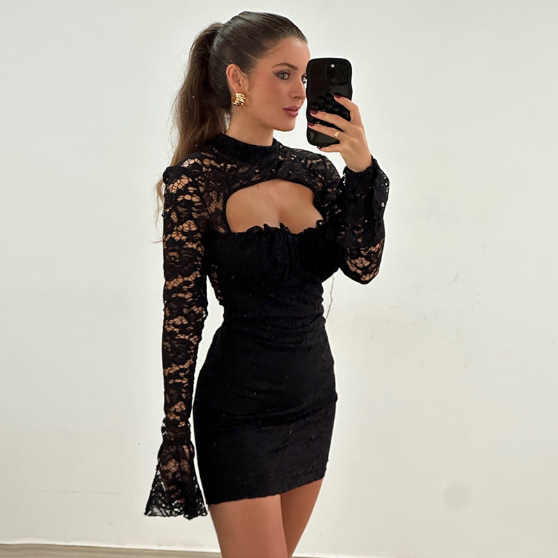 Black lace mini dress with long sleeves and chest cutout for elegant fashion ملابس