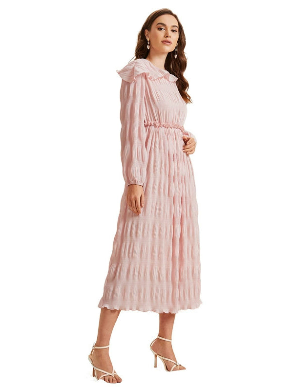 French Sweet Lace Collar Long Sleeve Dress in Pink Pleats