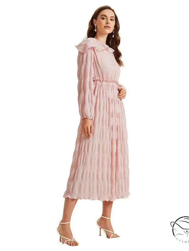 Pink French Sweet Lace Collar Long Sleeve Dress with Pleats