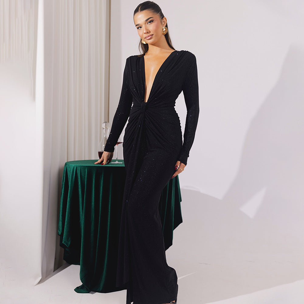 Elegant black long-sleeved gown from Beautiful Slit Slim Fitting Dress collection in fashion