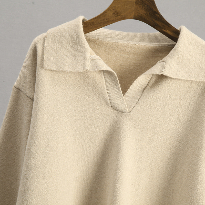 Beige long-sleeve polo shirt with notched collar from Warm Polo Collar Knitted Sweater collection, stylish ملابس for fashion enthusiasts