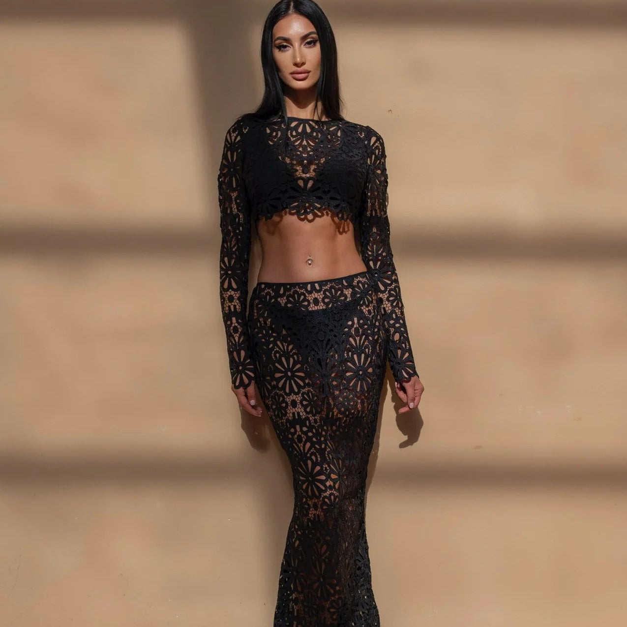 Slim fit hollow out lace tops skirt two-piece set showcasing a stylish lace crop top and skirt