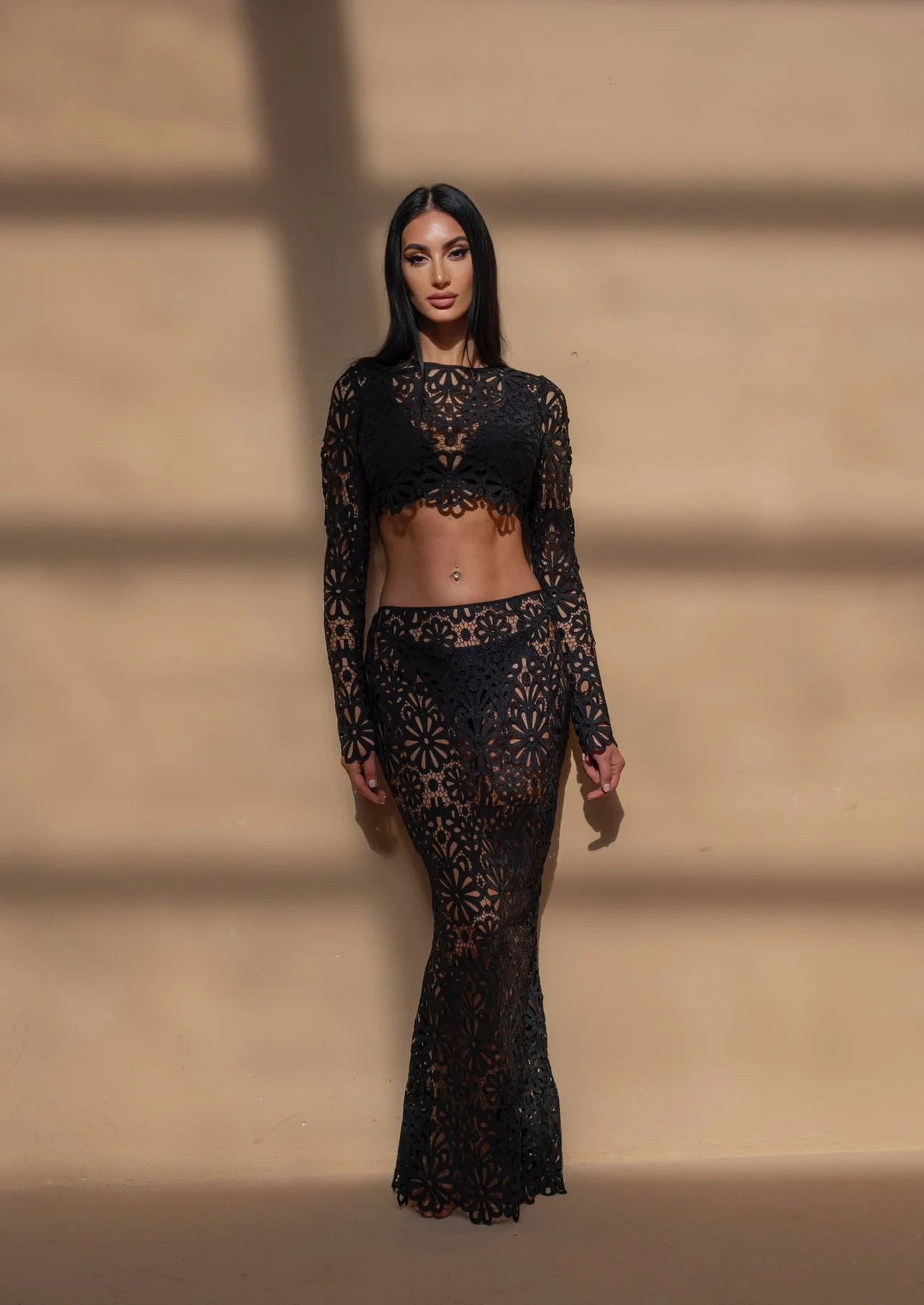 Slim fit hollow out lace tops skirt two-piece set showcasing a stylish lace crop top and skirt