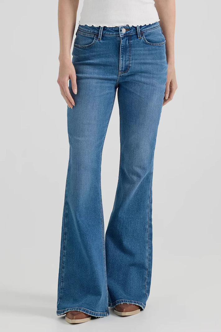 Medium-wash flared denim jeans with high-rise waist from Comfy Embroidered Micro Stretch Jeans