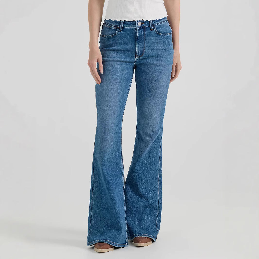 Medium-wash flared denim jeans with high-rise waist from Comfy Embroidered Micro Stretch Jeans