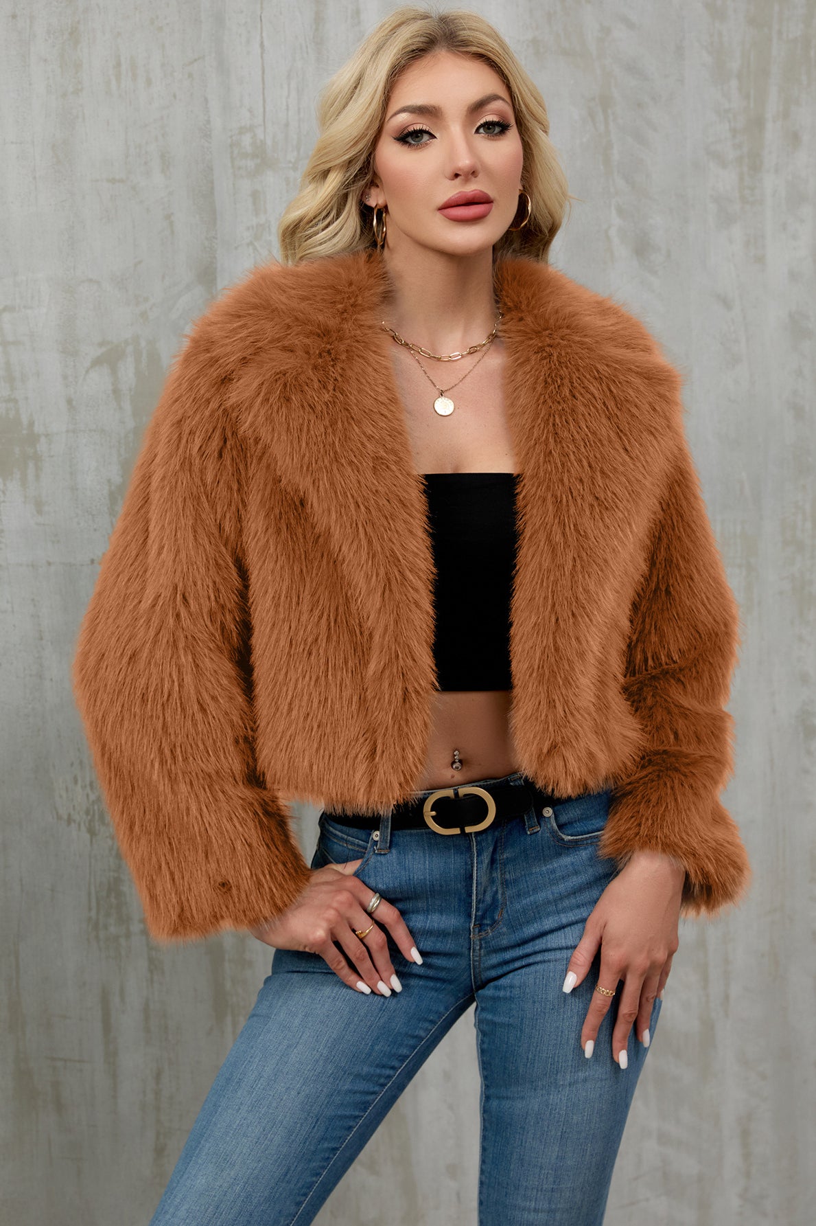 Cozy caramel faux fur cropped jacket with plush wide collar by Langry fashion