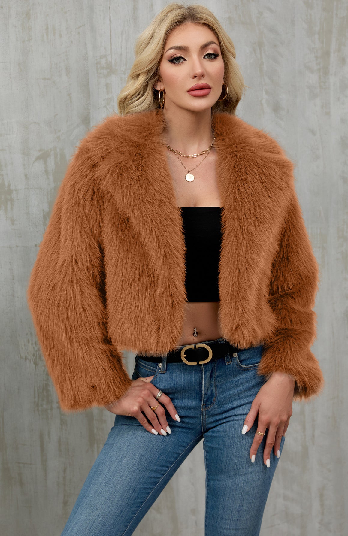Cozy caramel faux fur cropped jacket with plush wide collar by Langry fashion