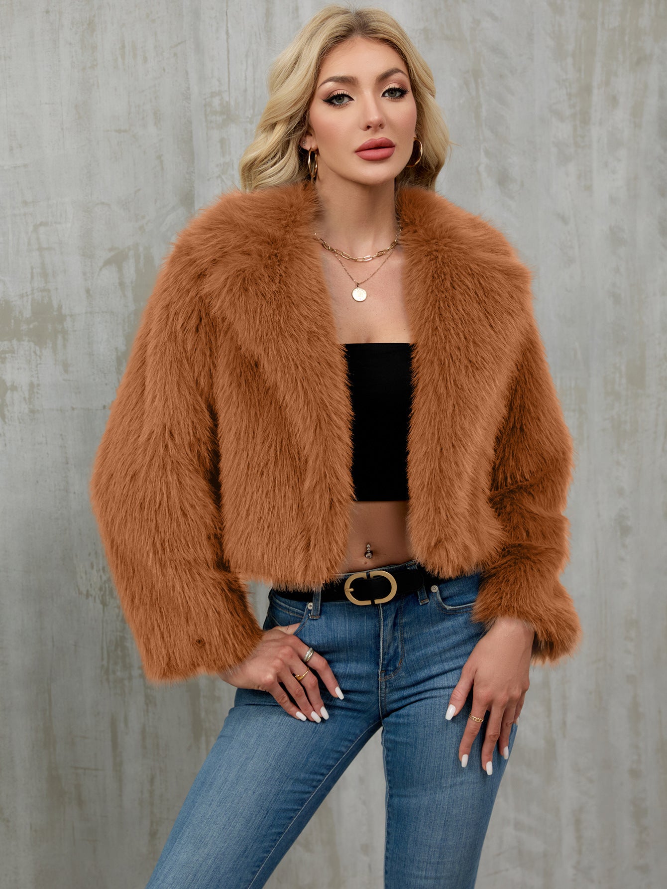 Cozy caramel faux fur cropped jacket with plush wide collar by Langry fashion