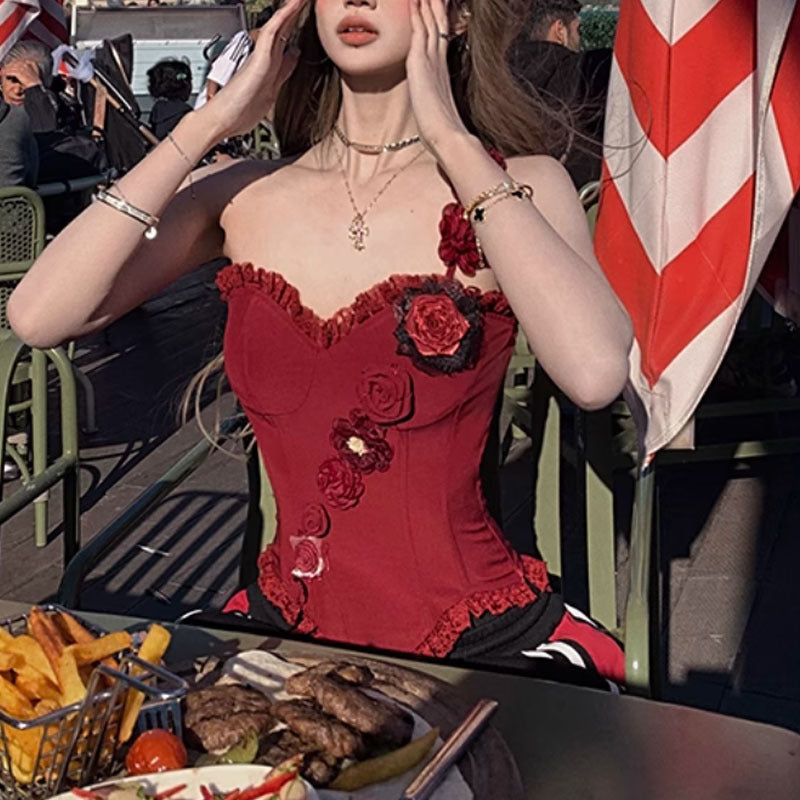 Red handmade lace boning corset with floral lace details