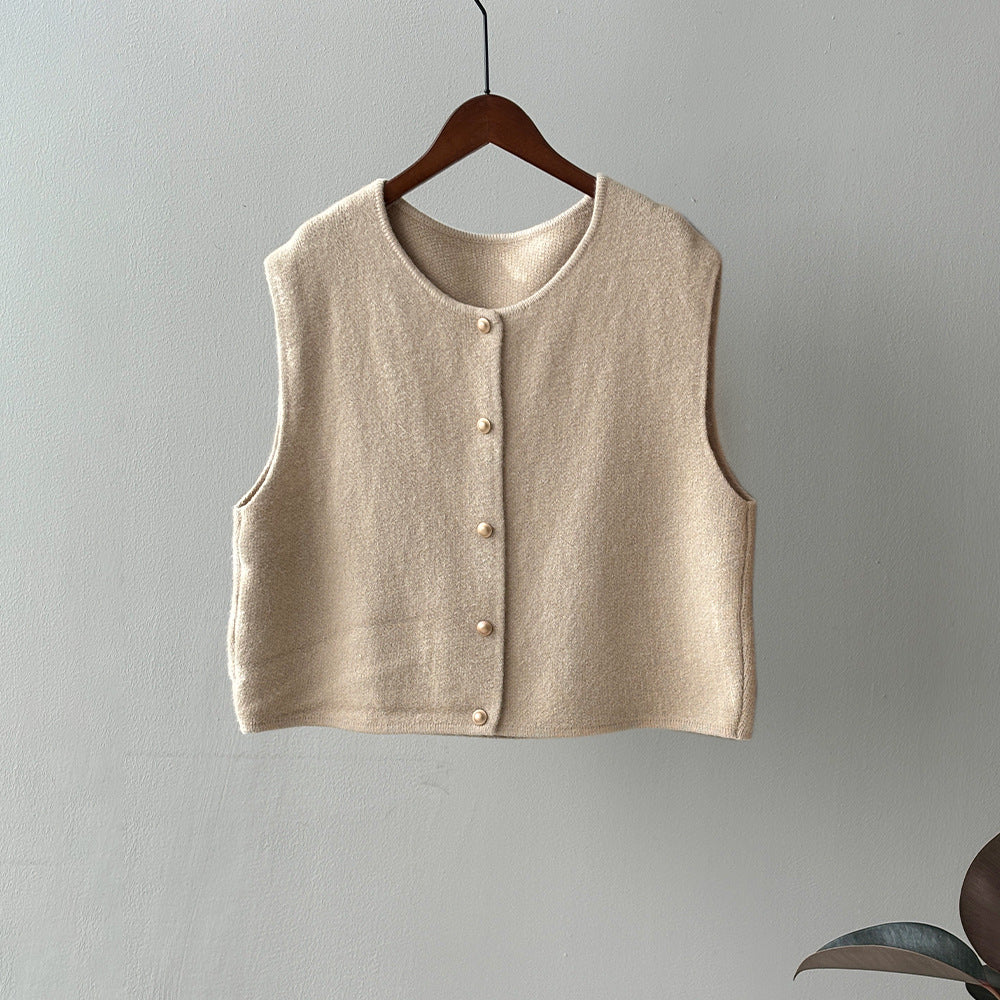 Beige button-down knit vest from Gentle Knitted Vest collection, stylish ملابس for fashion