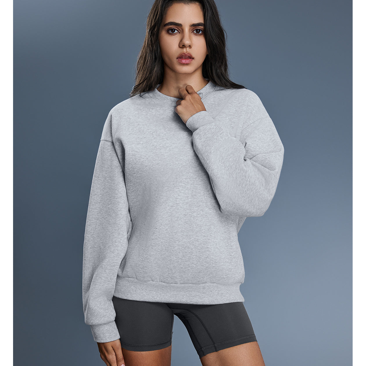 Grey long sleeve casual warm pullover hoodie with textured fleece fabric