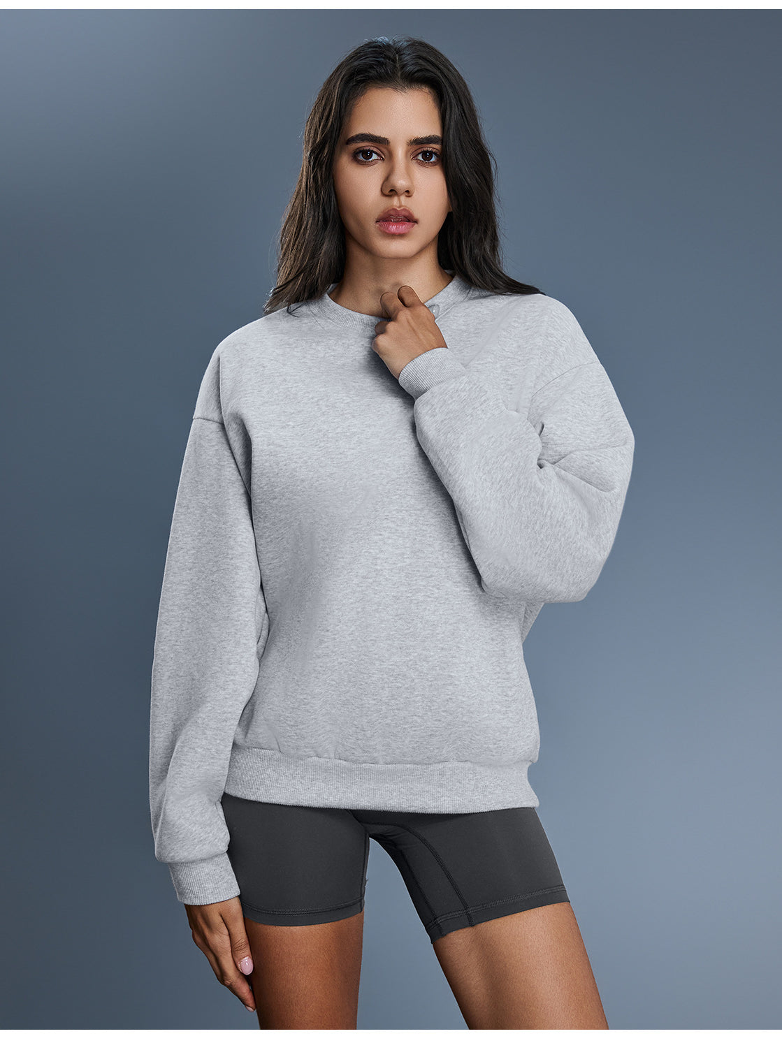 Grey long sleeve casual warm pullover hoodie with textured fleece fabric